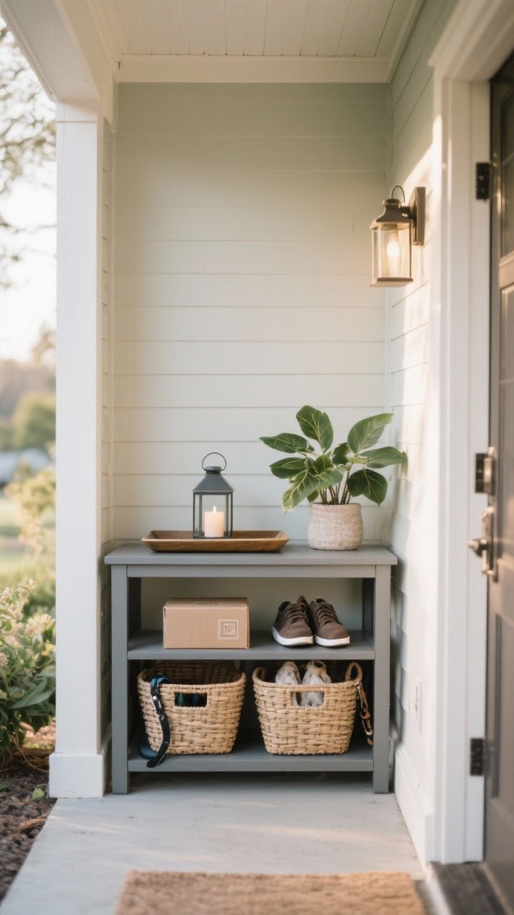 A straight-on medium shot of a narrow outdoor-rated console under a covered porch: styled with a rectangular tray, a candle lantern, and a leafy plant; beneath, two weather-safe baskets for dog leashes and shoes; the console in composite or metal with a powder-coated finish; soft morning light, clean lines, and a package resting neatly on the lower shelf to imply function.