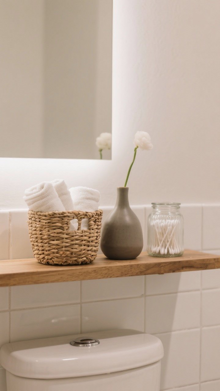 A straight-on medium shot of an over-the-toilet floating shelf styled with layered textures: a woven seagrass basket holding rolled washcloths, a matte ceramic bud vase with a single stem for height, and a glossy glass jar filled with cotton swabs; neutral palette with warm wood shelf, soft diffused bathroom lighting, white subway tile backdrop, crisp and uncluttered composition emphasizing contrast between rough basket weave, smooth ceramic, and reflective glass.