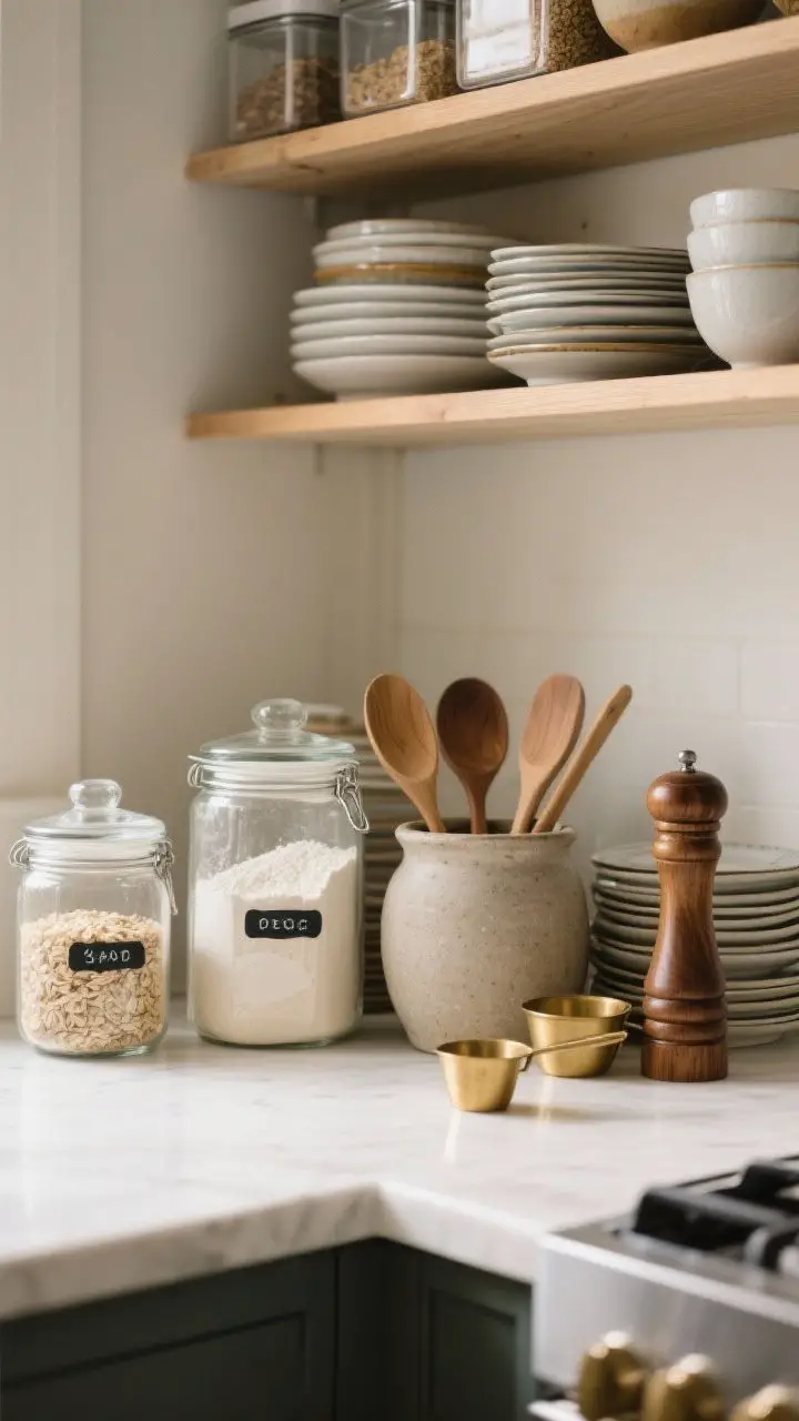 A straight-on, medium shot of everyday essentials displayed beautifully: glass and ceramic jars decanting flour, rice, and oats labeled discreetly; a stoneware crock holding wooden spoons beside brass measuring cups and a handsome wood pepper mill; plates and bowls stacked in tidy piles; clear containers showing pantry levels, lit by soft, natural kitchen light for a warm, practical feel.