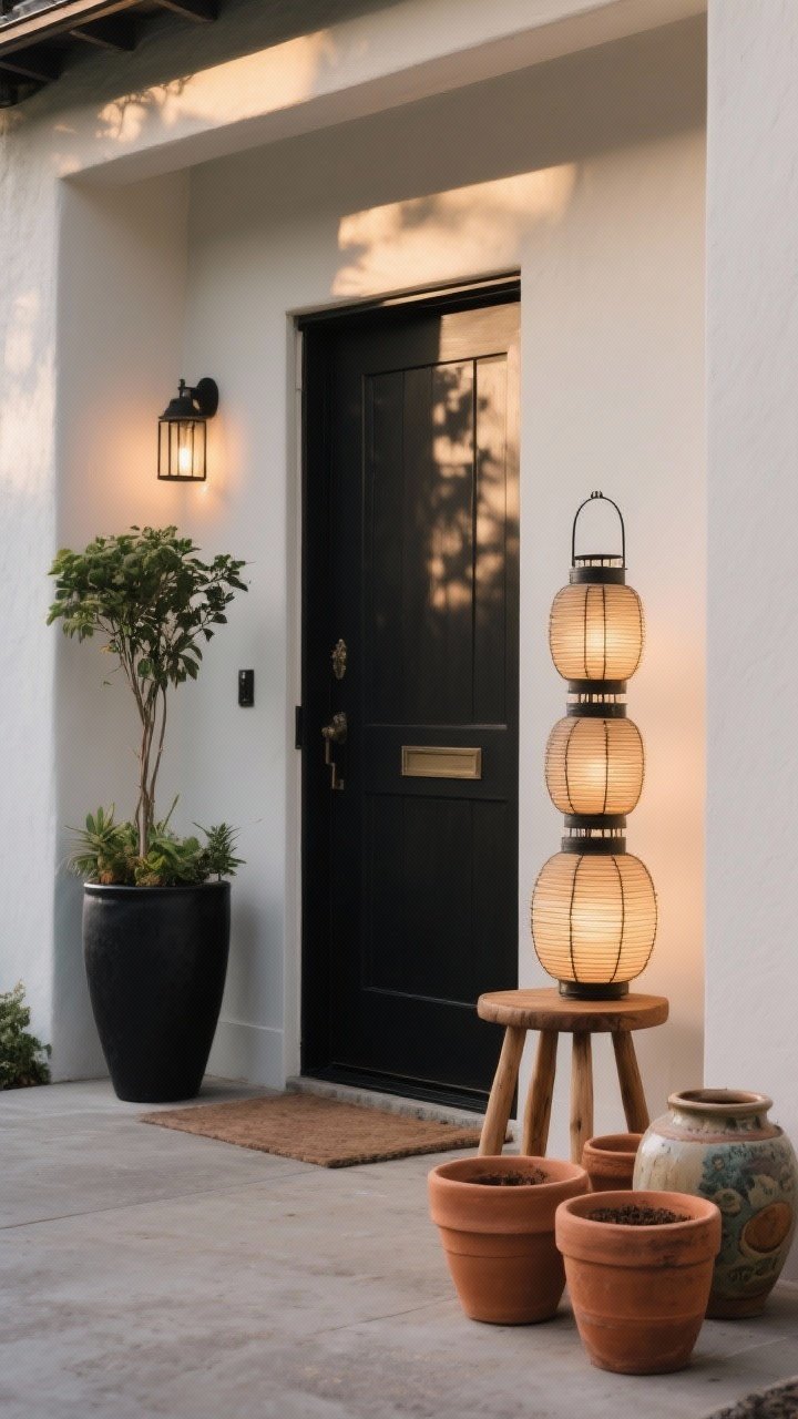 A straight-on medium shot of the entry framed with intentional asymmetry: one tall planter in matte black on the left of the door and, on the right, staggered heights of stacked lanterns on a small wooden stool; mix of terracotta and ceramic pots nearby for an eclectic touch; early evening light gently illuminates the arrangement, drawing the eye to the doorway.