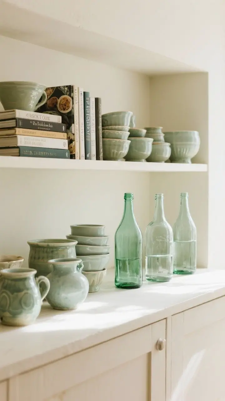 A straight-on, medium shot showcasing an edited collection: a curated group of vintage ceramics within a cream-and-sage color family, interspersed with cookbooks stacked horizontally and vertically for interest, plus a trio of clear and green glass bottles grouped by tone; odd-number groupings with varied heights and ample breathing room, bright natural light emphasizing clarity.