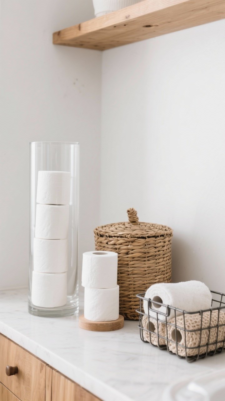 A straight-on medium shot showing stylish TP storage: three plush white rolls stacked in a pretty woven basket beside a tall clear cylinder vase lined with additional rolls; a lidded basket tucked to one side and a wire bin option below for an industrial vibe, with a couple of rolled hand towels mixed in for texture; clean white wall, warm wood shelf, bright, tidy lighting.