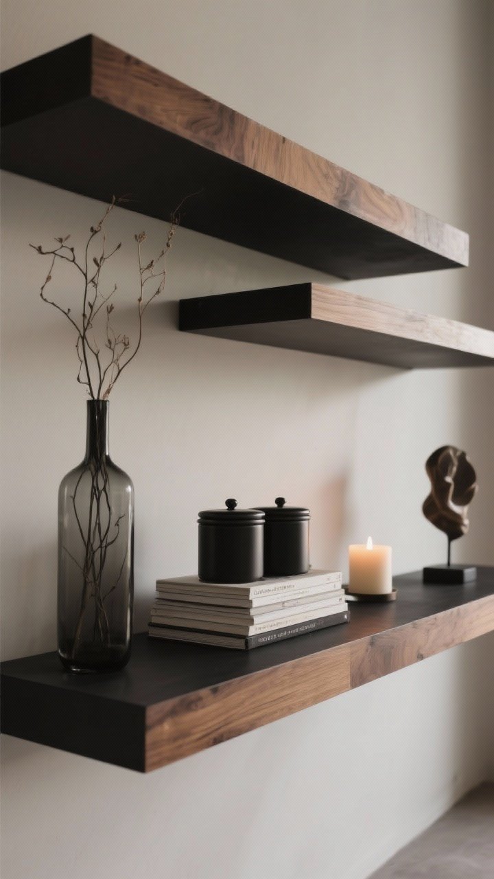 A three-quarter angle medium shot demonstrating asymmetry on a shelf: tall vase with airy stems on the left, two matching canisters or a small stack of books in the center at medium height, and a low candle with a small sculptural object on the right; neutral palette with matte black and warm wood accents, soft directional lighting, dynamic but balanced layout.
