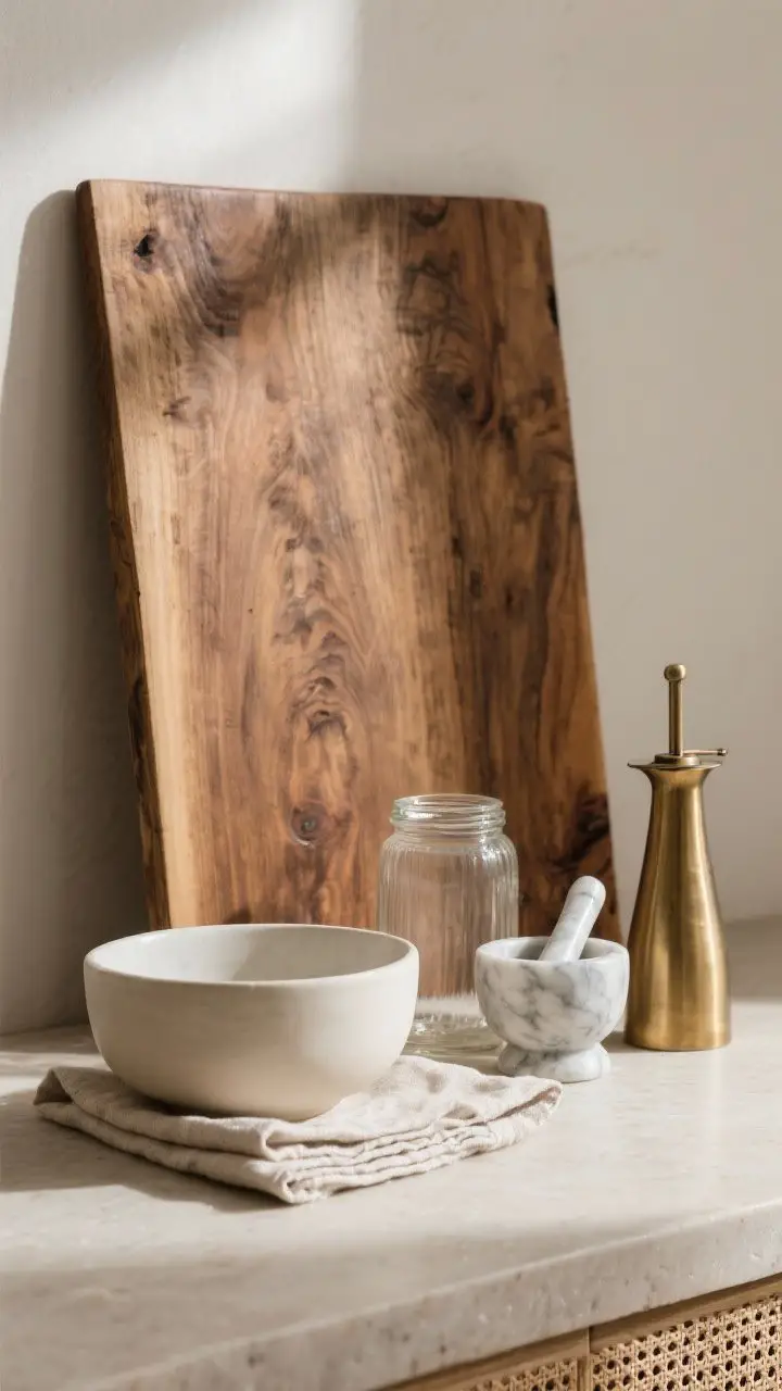 A tight detail shot emphasizing texture contrast: a warm wood board beside a matte ivory ceramic bowl, clear glass jar resting on a soft linen napkin, and a small marble mortar and pestle next to a brushed brass oil cruet; tactile mix of glossy, matte, woven, stone, and metal, with gentle directional light raking across surfaces to reveal texture.