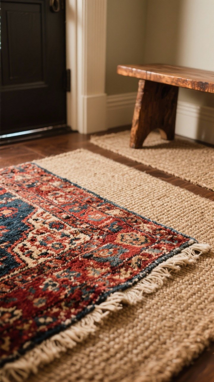 A tight foyer captured as a closeup detail of a distressed, vintage wool rug corner layered slightly over a neutral jute mat; warm, timeworn reds and indigo tones with pattern-rich motifs that hide scuffs; visible thin rug pad edge protecting a delicate weave; patina on a nearby wooden bench leg enhances character; warm ambient light for cozy depth