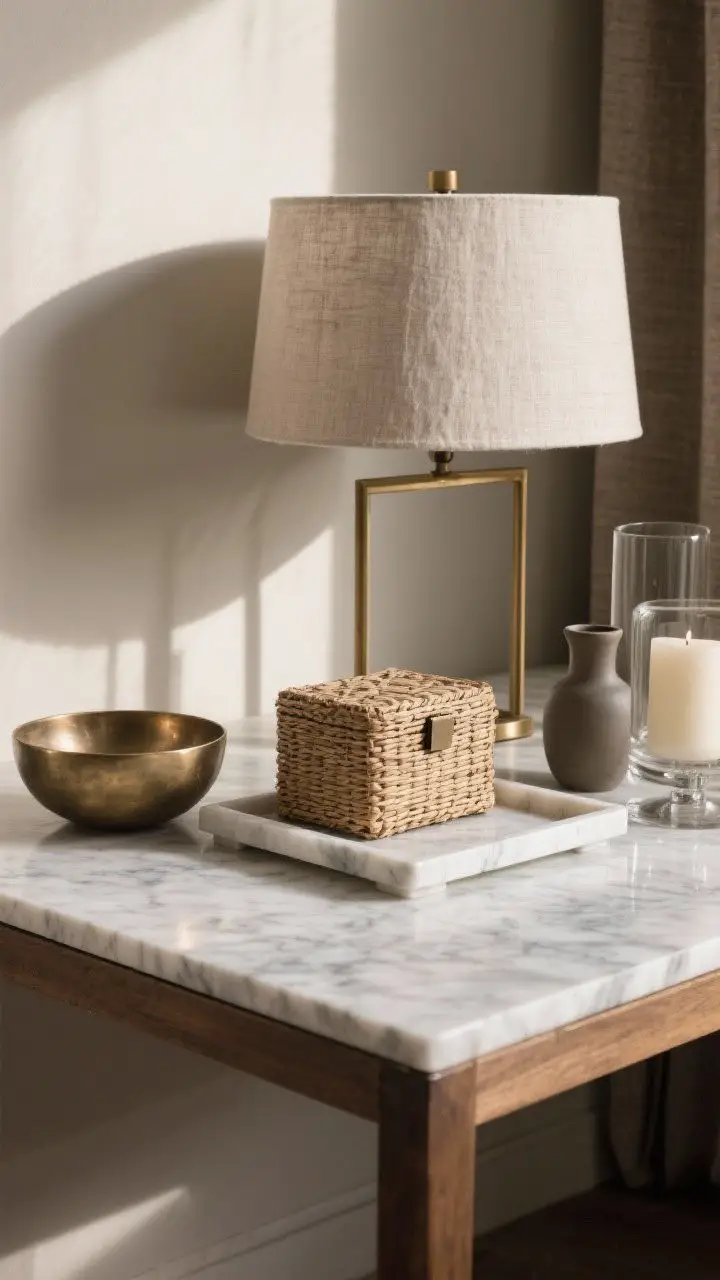 A tight, texture-forward composition on a side table: a marble tray, a woven rattan box, and a linen-shaded lamp base in frame; alternate version elements nearby include a brushed brass bowl, a matte ceramic vase, and a glossy glass candle; raking light emphasizes surface differences, neutral palette with natural materials