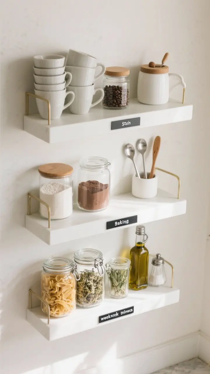 A top-down overhead shot of mini stations on two staggered shelves: a coffee corner with stacked mugs, a small jar of beans, sugar canister, and spoon rest; a baking zone with flour, sugar, cocoa, and measuring spoons; and a weeknight dinner zone with pasta jars, olive oil, dried herbs, and a salt cellar; subtle, chic labeling and clear zoning, organized yet homey with natural daylight.