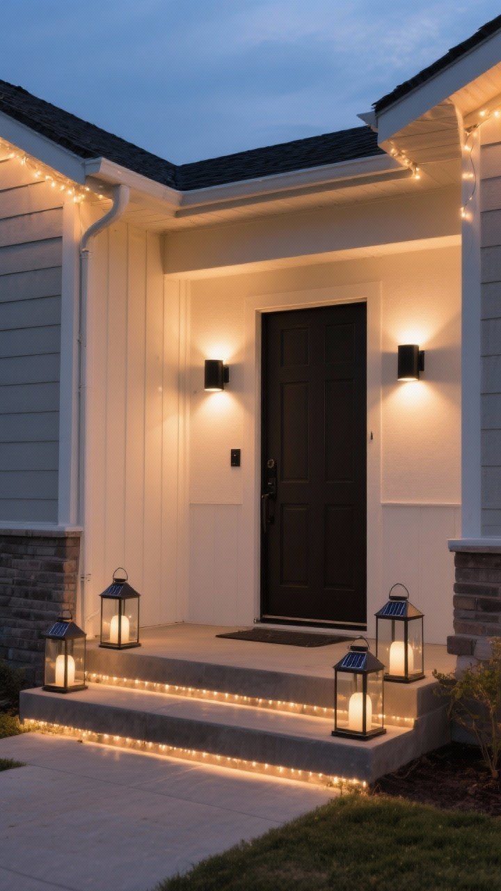 A twilight wide shot of a front porch aglow with layered lighting: modern matte black hardwired sconces flanking the door, warm white bulbs (2700K–3000K) casting a soft glow; solar lanterns placed along the steps and a subtle string light line tucked under the eaves; warm, inviting ambiance with balanced highlights and soft shadows; no visible cords, clean contemporary mood.