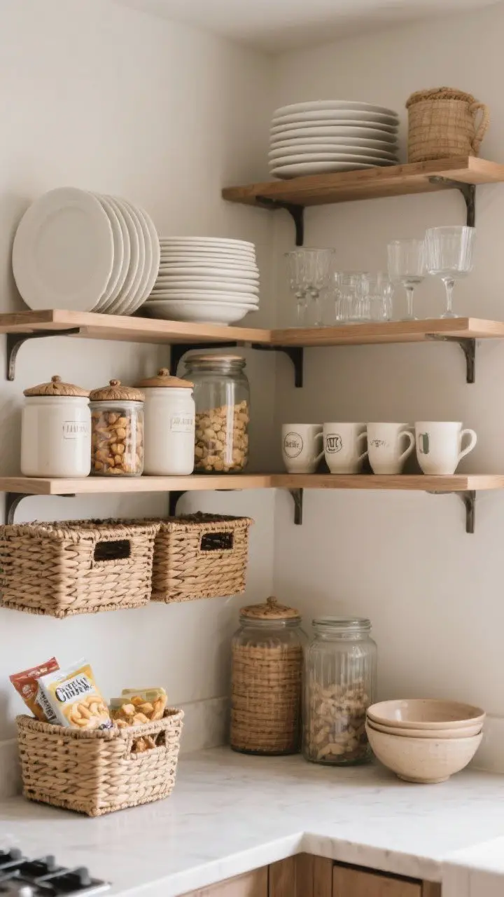 A wide-angle corner shot of a kitchen wall mixing open and closed storage: woven baskets and lidded ceramic canisters neatly hiding packets and snacks on upper shelves, while open shelves display stacked white plates, clear glassware, and a row of favorite mugs; varied heights with tall jars next to low bowls to avoid a flat skyline; calm, diffuse morning light, photorealistic textures of wicker, ceramic, and glass.