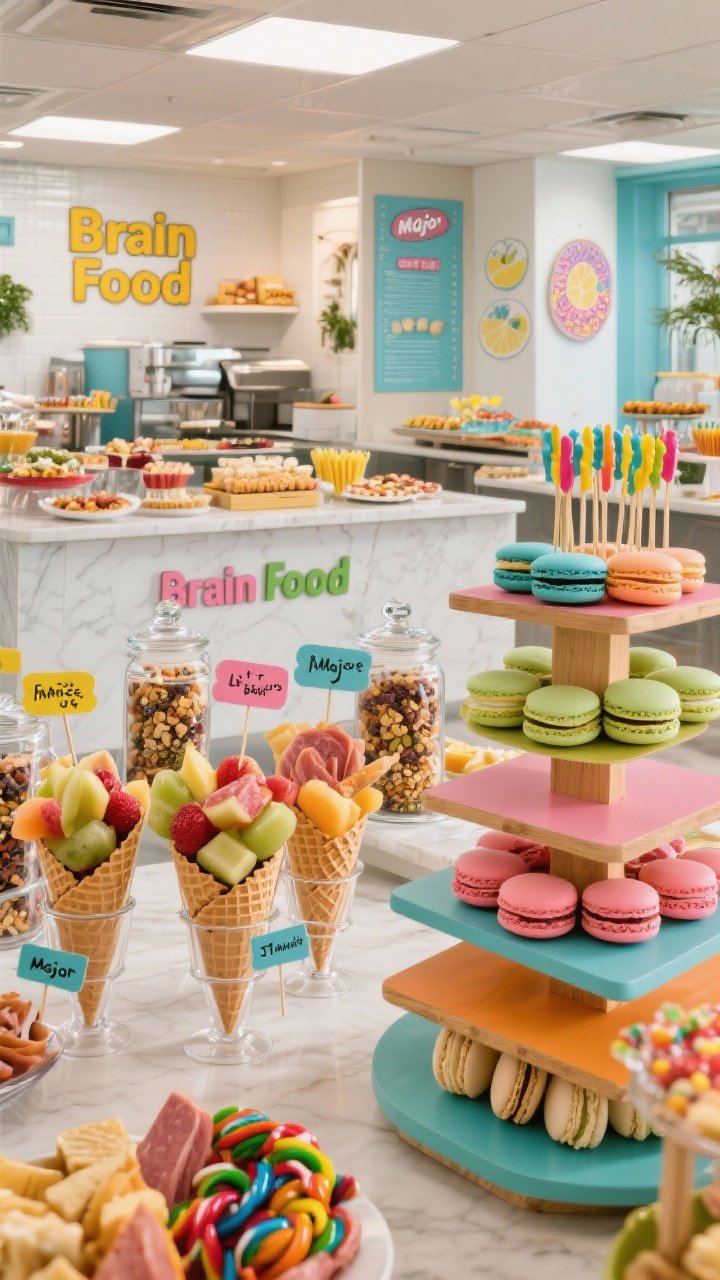 A wide buffet scene of themed food displays: a “Brain Food” bar with fruit cups, charcuterie cones, and trail mix in labeled glass jars; a cheeky “Major” menu with tags like Finance Fries, Lit Major Lemon Bars, and STEM Skewers; color-coded candy and macarons matching the palette; tiered stands and boards creating height and flow; bright, appetizing lighting.