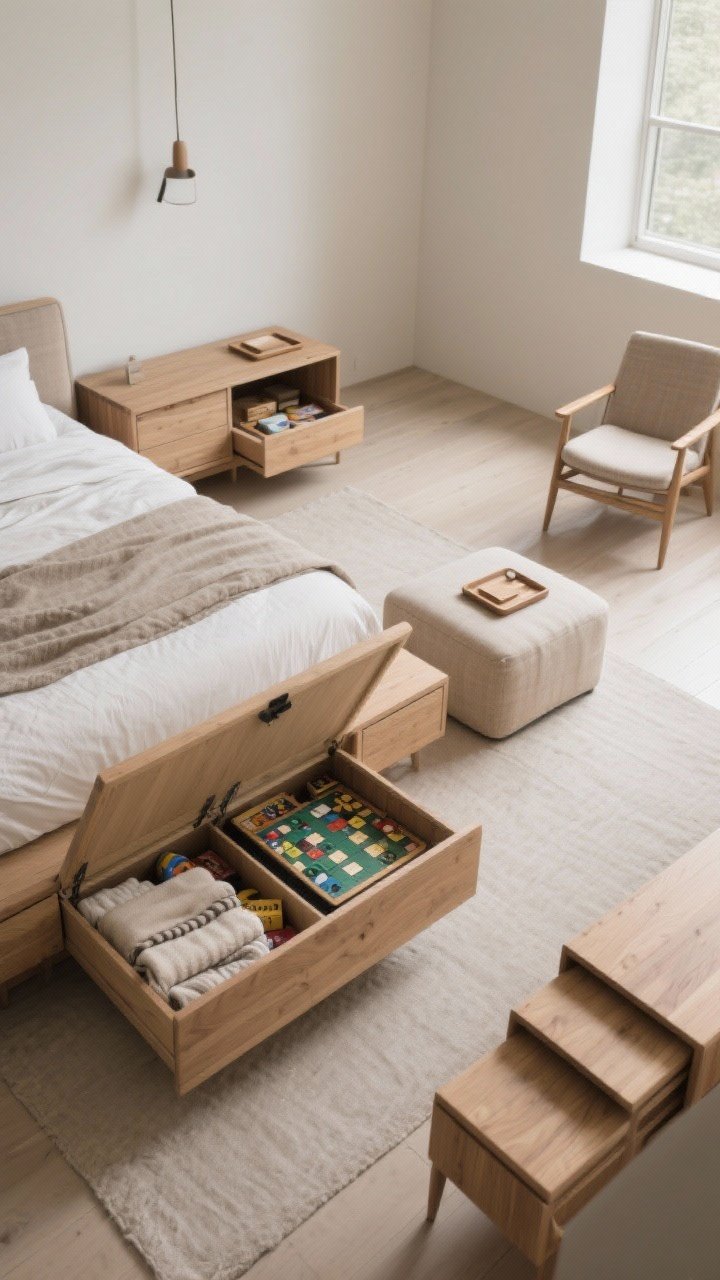 A wide, diagonal room shot highlighting multi-task furniture: a storage bench at the foot of the bed with its lid open to reveal blankets and board games; an ottoman serving as a nightstand with a tray on top and hidden storage inside; and a set of nesting tables partially pulled out beside a chair. Calm, minimal styling with hidden storage emphasized. Natural wood, linen textures, soft daylight. No people.
