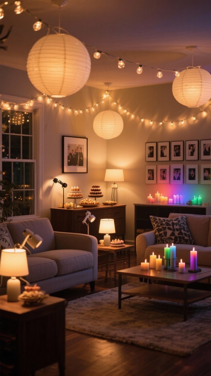 A wide living room scene emphasizing layered lighting: string lights and paper lanterns casting warm ambient glow, dimmed table lamps, clip-on spotlights accenting the dessert table and photo wall, and color-changing bulbs/LED candles in the grad’s colors; cohesive, warm-toned evening mood, no overhead glare.