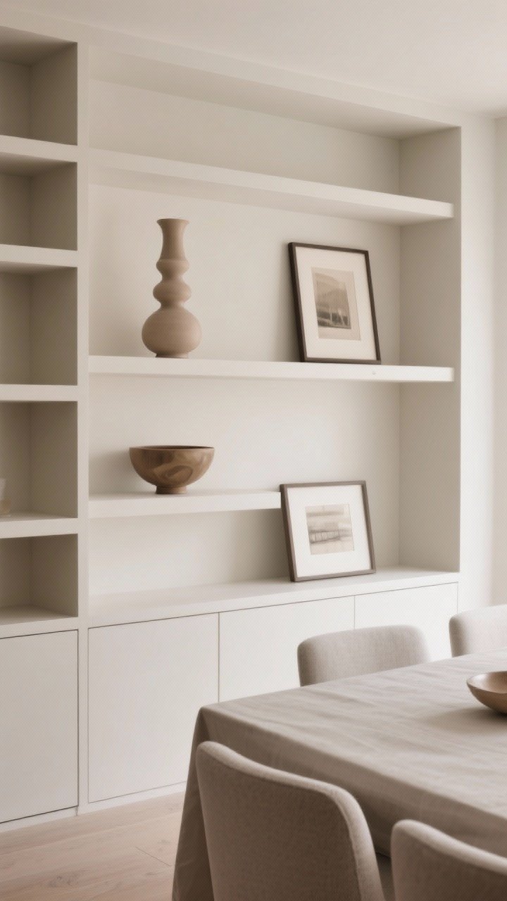 A wide, minimalist straight-on shot of dining room built-ins embracing negative space: about 60/40 filled-to-empty ratio on each shelf, with one hero item per shelf (a tall vase, a sculptural bowl, a framed print), staggered heights guiding the eye; serene mood, neutral palette, and clear breathing room around objects; soft, even natural lighting, no clutter