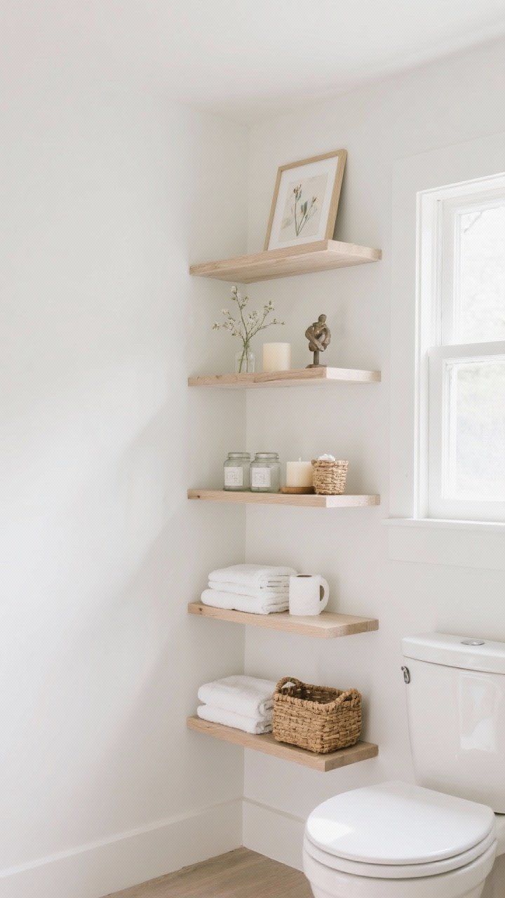 A wide room shot of vertical tiered shelves over the toilet: three-tier setup with a light and airy top shelf holding a small framed art piece, delicate stems, and a tiny sculpture; middle shelf with matching jars, a candle, and a small basket; bottom shelf carrying folded towels, TP, and a larger basket; balanced composition, bright natural light, white and wood tones for a clean, vertical vignette.