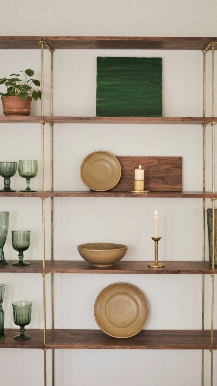 A wide shot capturing visual rhythm through repetition: repeating round shapes (a shallow bowl, a pillar candle, and a charger plate) anchored by a rectangular wood board; brass appearing at least once on each shelf for material consistency; a deep green echoed from artwork to tinted glassware to a plant pot; cohesive yet collected, balanced lighting and clean styling
