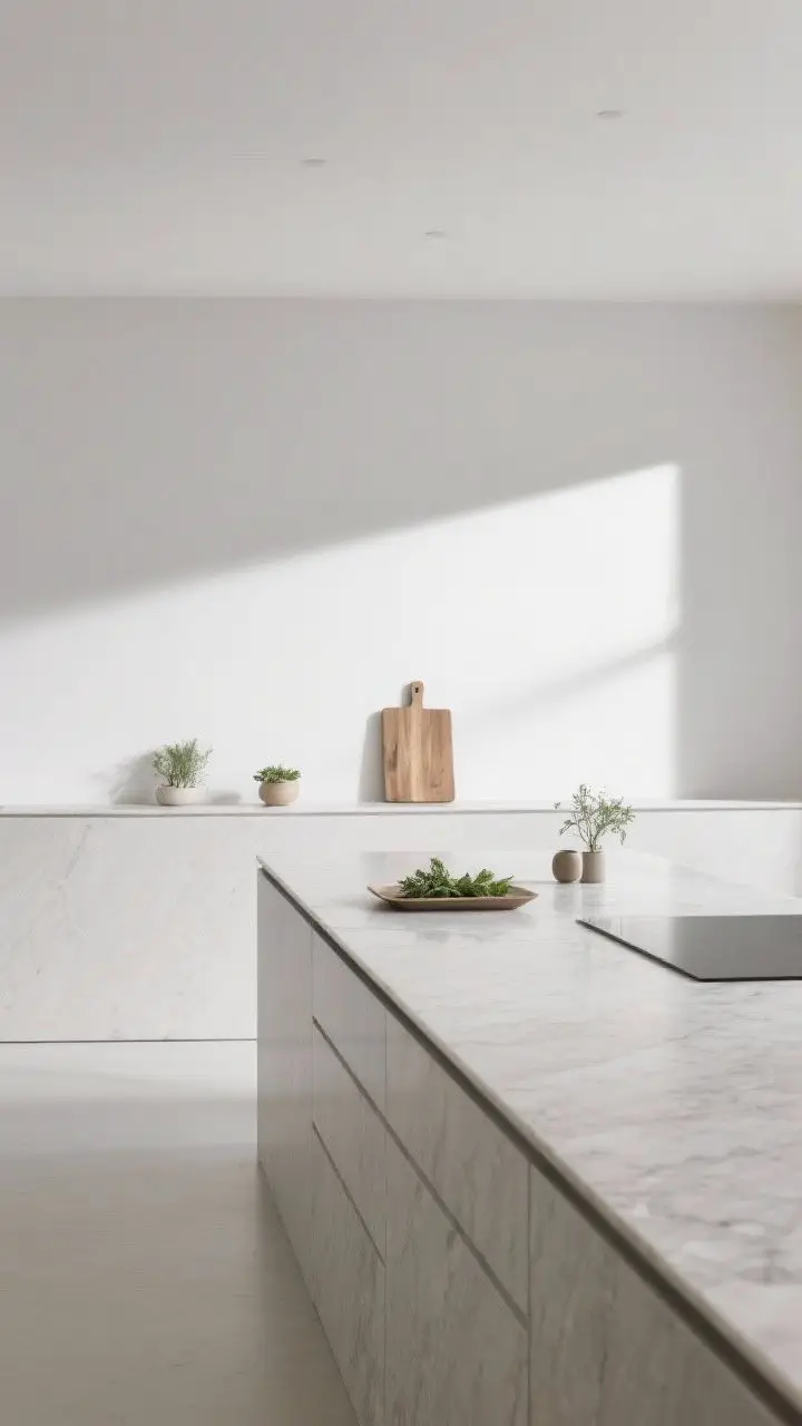 A wide shot embracing negative space: a streamlined countertop with one or two small vignettes only—an herb on a tray and a single board grouping—leaving a large, clean prep area; groups of three items, long run of counter showing open stone surface; bright, even daylight and serene, high-end mood.
