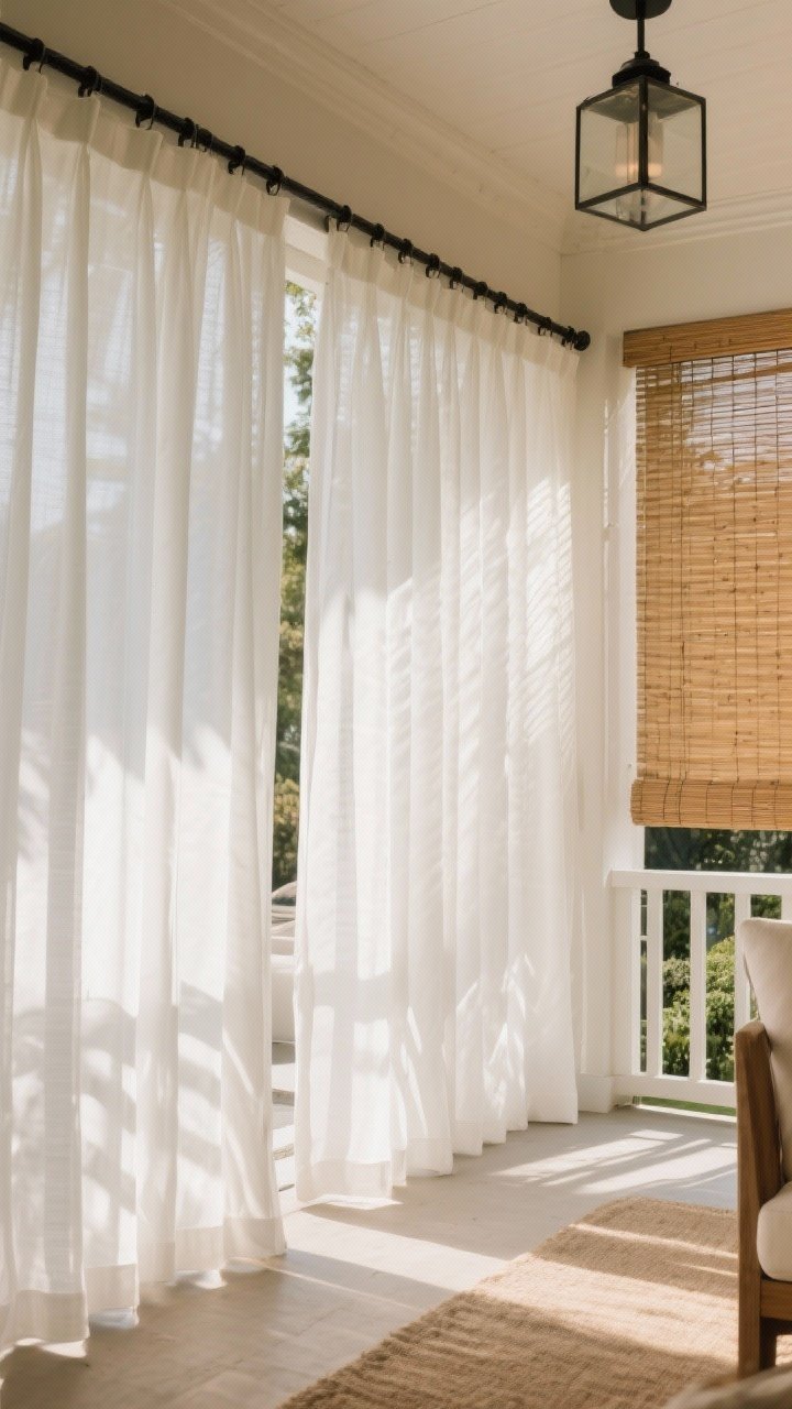 A wide shot of a porch dressed with outdoor curtains: quick-dry, UV-resistant white panels hung high and wide on a dark tension rod, softly billowing to frame the space and add privacy; roll-down bamboo shade partially lowered on one side to diffuse sun; warm daylight creating gentle shadows on fabric; overall boutique-hotel vibe.