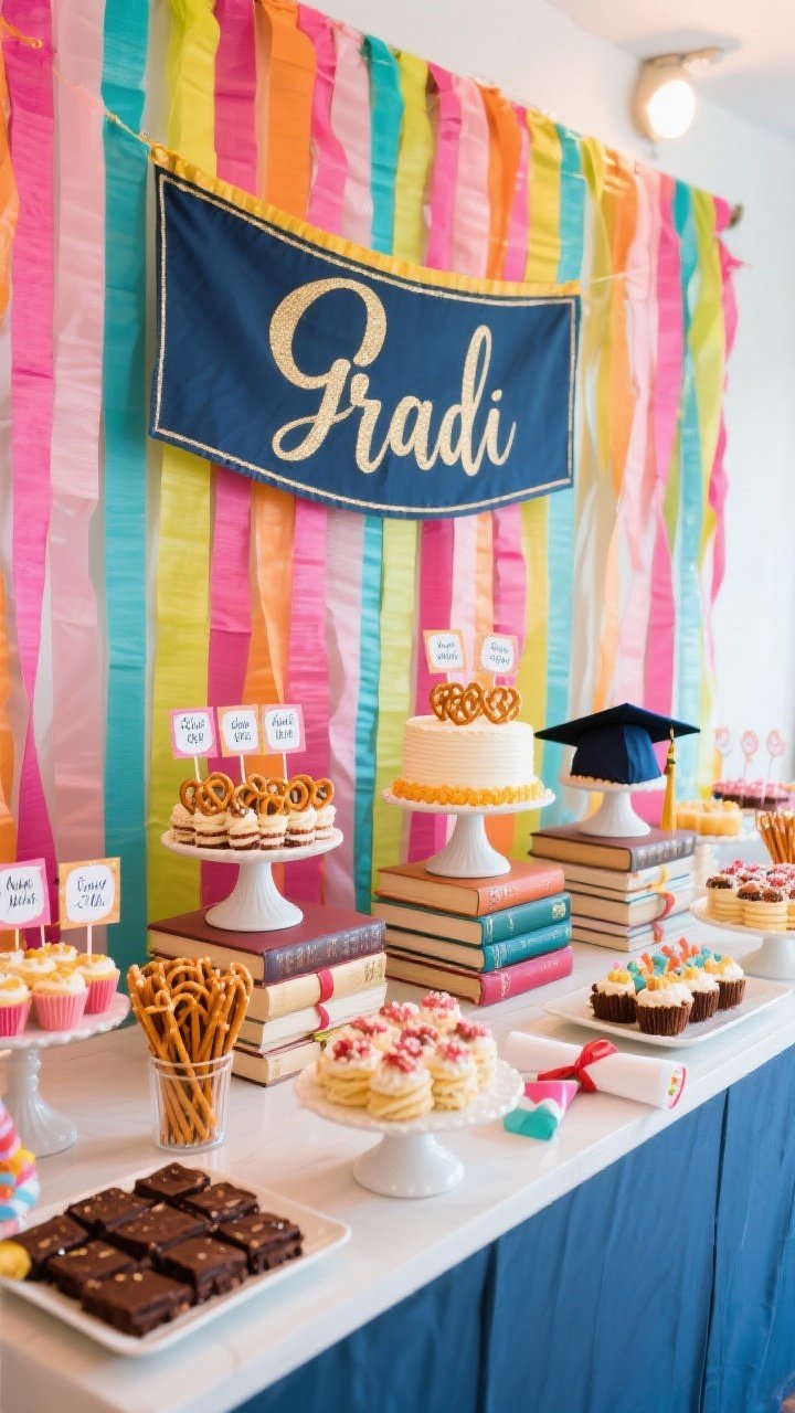 A wide, straight-on dessert bar with dramatic styling: a streamer wall backdrop in party colors, a giant personalized banner with the grad’s name, tiered heights using cake stands and stacked books, labeled tent cards for each dessert, and playful signature sweets like diploma pretzel sticks and a grad-cap brownie platter; bright accent lighting focused on the table for a gasp-worthy reveal.