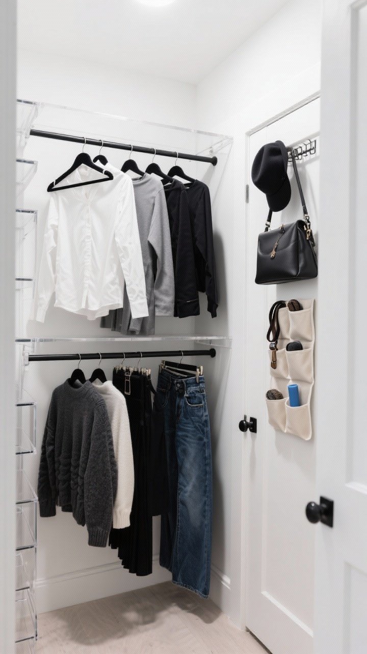 A wide, straight-on view inside a compact closet showcasing doubled hanging space: two parallel rods (upper for shirts, lower for skirts), all clothing on thin velvet hangers of the same color, shelves with clear acrylic dividers keeping sweaters and jeans tidy, an over-the-door rack holding hats and bags, and a hanging organizer with pockets for belts and lint rollers. Cool white closet lighting, white walls, and black hardware for contrast. Boutique-like order by color. No people.