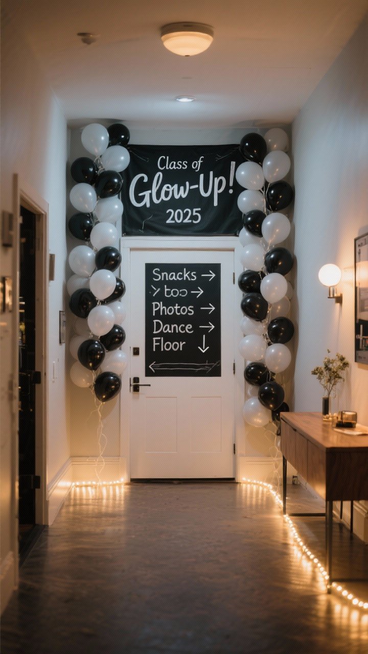 A wide, straight-on view of a small foyer transformed into a “Glow-Up” entrance: a chic monochrome balloon garland framing the doorway, a large “Class of 2025” banner beneath, chalkboard-style directional welcome signs with arrows reading “Snacks →, Photos ←, Dance Floor ↑,” and subtle LED strip lights glowing along the floor and under a console table; warm evening ambiance, photorealistic, no people.