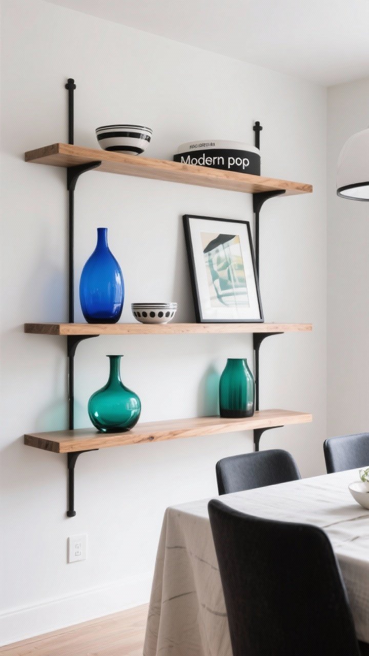 A wide, straight-on view of dining room shelves showcasing a clear color story: “Modern pop” palette with black and white anchors, natural wood shelves, and intentional hits of cobalt or emerald repeated at least three times (glass vase, small bowl, and a framed art accent); cohesive but not monochrome, balanced composition with one hero per shelf and soft daylight