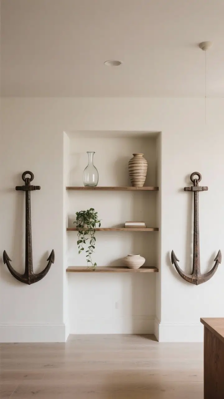 A wide, straight-on view showing near-symmetry with a twist: tall anchors on both ends (a glass carafe on one side, a tall ceramic vase on the other), mirrored shapes rather than identical items; central shelves balanced with paired forms, while a trailing plant breaks the line for relaxed asymmetry; calm, even lighting that flatters a balanced layout without feeling stiff.