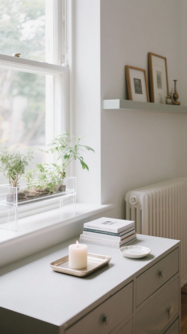 An intimate, straight-on closeup of a windowsill vignette used as a mini vanity: a shallow tray with a candle, a small stack of books, and a dainty dish; a clear acrylic shelf inside the window frame holding light-loving plants; and a slim picture ledge above the dresser with a couple of frames and trinkets. If visible, a painted radiator cover with a wide ledge acts like a console. Bright natural light, soft shadows, airy feel. No people.