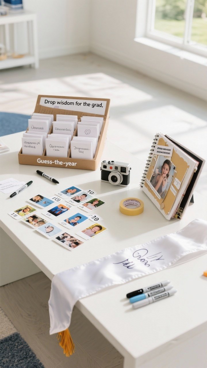 An overhead activity station shot: an advice station with neatly arranged cards and pens labeled “Drop wisdom for the grad,” a “Guess-the-year” game spread with childhood photos and year tags, a Polaroid camera beside an open scrapbook and tape, and a white graduation sash with fabric markers for signing; bright, even daylight for clarity.