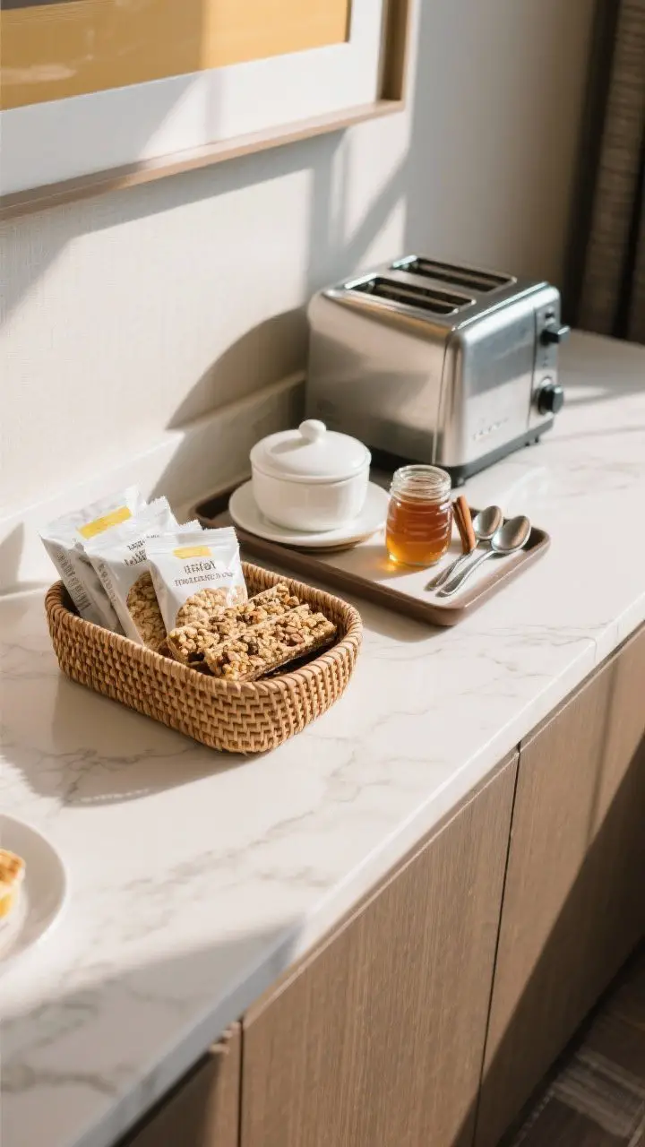 An overhead detail of a breakfast grab-and-go zone: a woven basket holding granola bars and oatmeal packets, a covered white butter dish and a small jam jar next to a toaster, plus a compact tray with honey, cinnamon shaker, and teaspoons; bright morning light, clutter-free and hotel-breakfast-bar organized.