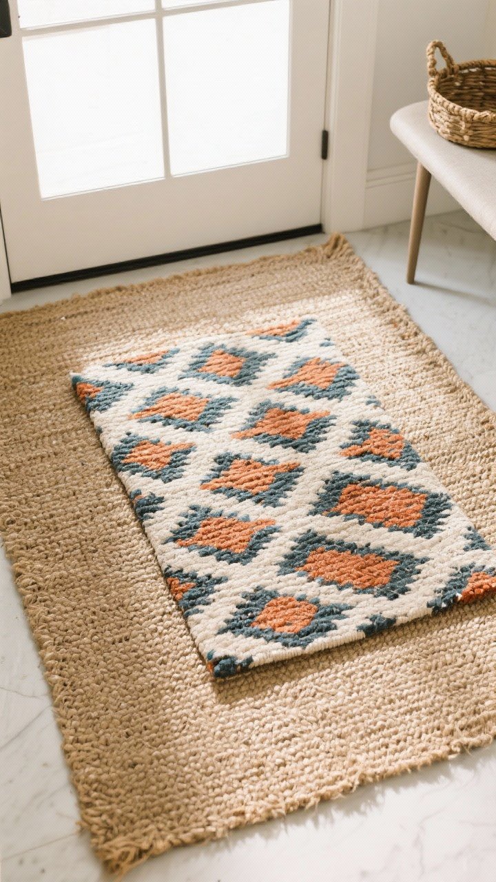 An overhead, detail shot of a layered entry: a 3' x 5' natural jute flatweave base with a smaller 2' x 3' bold patterned topper centered on it; the topper features contrasting colors (neutral base + saturated geometric pattern) with low pile for door clearance; texture-rich jute fibers against the crisp pattern; include a nearby slim bench leg and a basket edge for context; bright, diffused light emphasizes texture and contrast