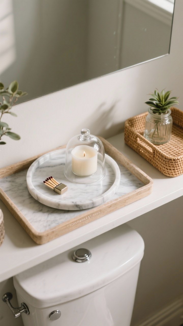 An overhead detail shot of a tray corraling decor on an over-the-toilet shelf: a round marble tray holding a candle and a match striker in a small cloche; nearby variation shows a small plant and a glass jar within a rectangular rattan tray; neutral tones, subtle shadows, focus on the “contained chaos” effect with crisp edges and tactile materials.