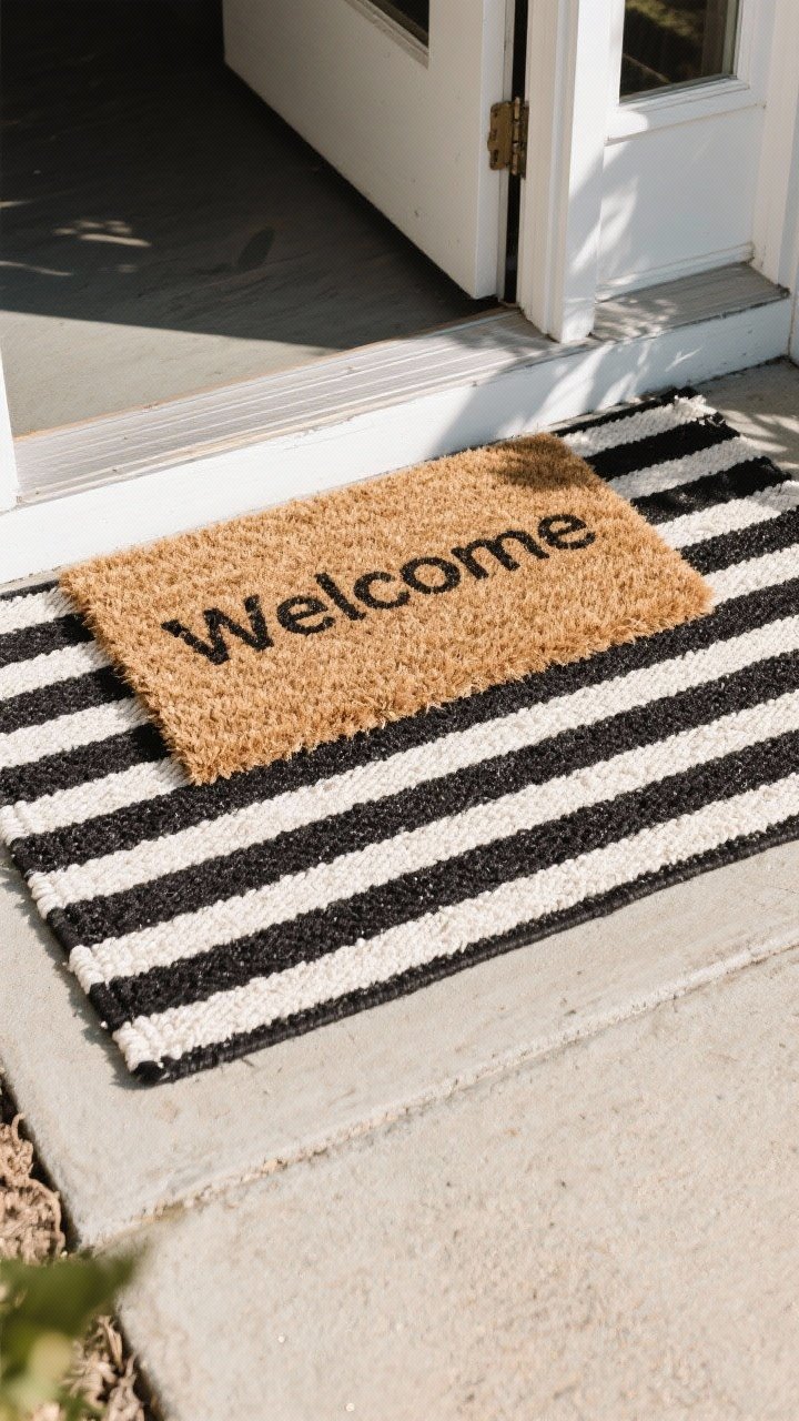 An overhead detail shot of layered doormats at a porch threshold: a wide black-and-white thin-striped outdoor rug on the bottom and a centered natural coir “Welcome” mat on top; show 6–8 inches of the striped rug visible on all sides; crisp morning light and slight shadows highlight the coir texture; nearby, glimpses of concrete porch surface and clean white trim to frame the composition; outdoor-safe materials clearly visible.