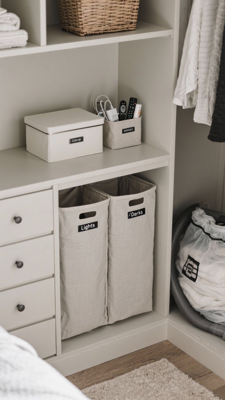 An overhead detail shot of organized micro-zones on and around a dresser: a slim two-compartment laundry hamper tucked beside the dresser labeled lights/darks; a lidded box for chargers and remotes; a small skincare caddy with only nightly essentials; and a labeled vacuum bag underbed visible at the frame edge for off-season linens, plus one basket on the closet shelf for weekly linens. Neutral containers, monochrome palette, discreet labels, clean styling. No people.