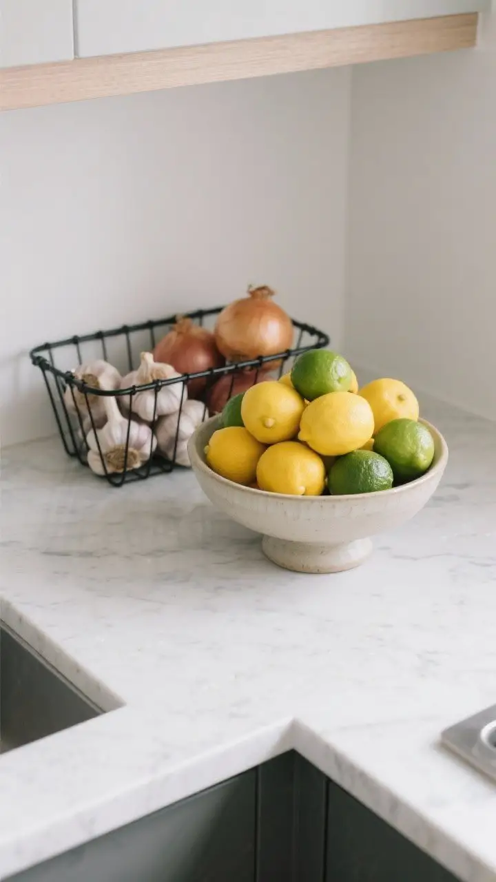 An overhead shot of a functional produce moment: a ceramic pedestal bowl filled with bright lemons and limes, a separate black wire basket holding onions and garlic, all on a light quartz counter; clean, minimal styling with one or two color tones, crisp natural top light enhancing the freshness of the produce.