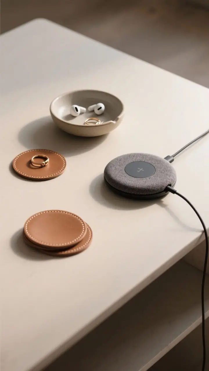 An overhead shot of a functional yet stylish setup: leather coasters, a shallow ceramic catchall dish holding earbuds and rings, and a sleek fabric-wrapped wireless charging pad with a discreet cable clip guiding the cord off the table; clean layout, soft neutral tones, realistic shadows and cable detail