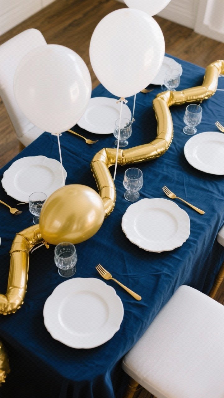 An overhead tabletop styling shot illustrating a cohesive color story: navy, gold, and white applied with the 60/30/10 rule; matte navy tablecloth (60%), glossy white balloons and plates (30%), metallic gold cutlery and ribbon accents (10%); mix of textures including matte fabric, glossy latex, and metallic shine; soft natural light for a polished, editorial feel.