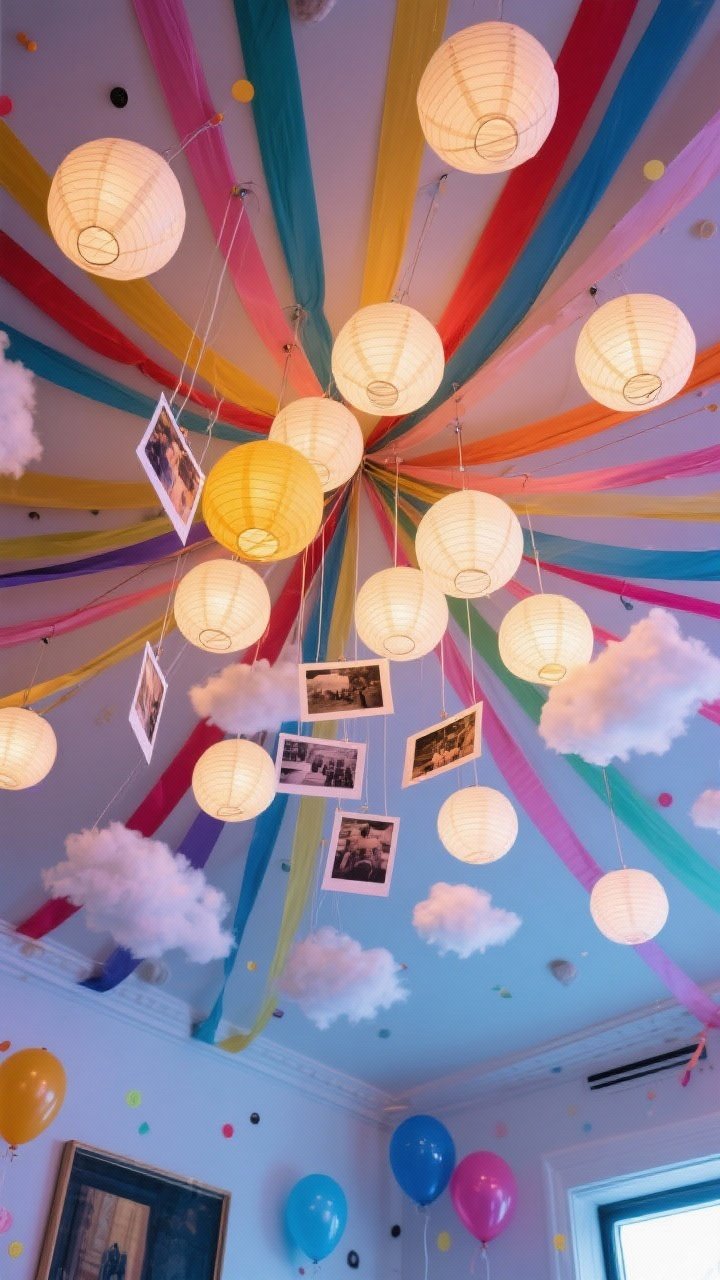An upward-looking ceiling-focused shot: clusters of hanging paper lanterns in party colors, a dramatic streamer canopy radiating from a central point like a tent, floating photos suspended with invisible fishing line, and balloons adhered to the ceiling with a cloud effect using removable glue dots; magical, immersive lighting.