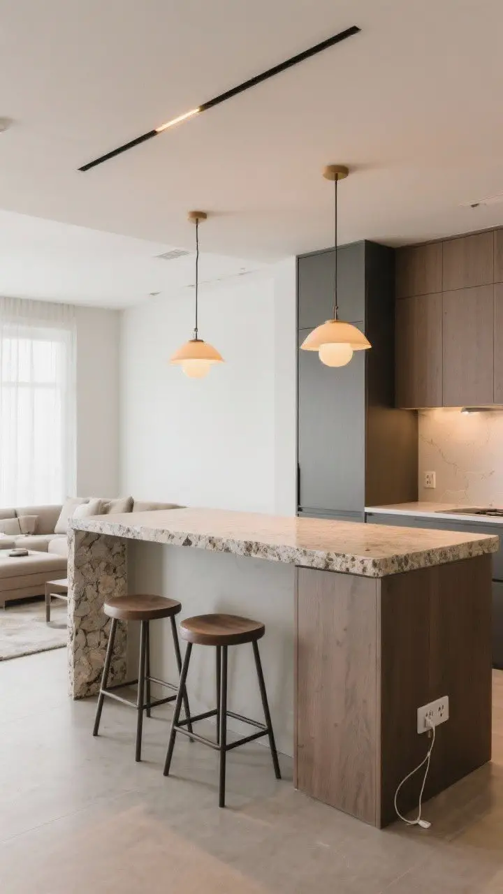 Angled medium shot of an entertainer’s peninsula: a compact peninsula with a stone waterfall edge, 12-inch overhang with two backless stools tucked neatly underneath, and an outlet on the side panel for chargers. Subtle separation between lounge and prep zones, soft warm pendant lighting above, clean modern finishes.