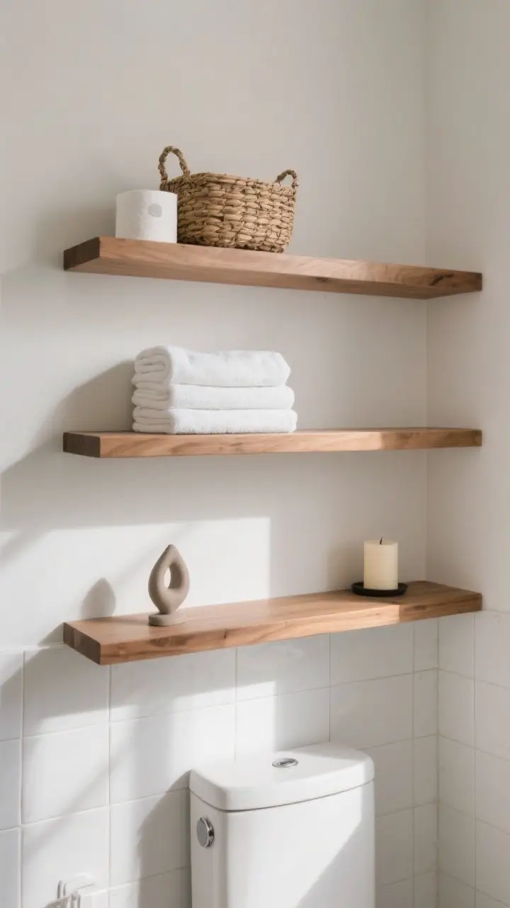 Angled medium shot of minimal open floating wood shelves over the toilet: top shelf with a woven basket holding TP, middle shelf with neatly stacked white towels, bottom shelf with a small sculptural object and candle; intentional negative space kept breathable; warm wood balances cool tile; clean daylight.