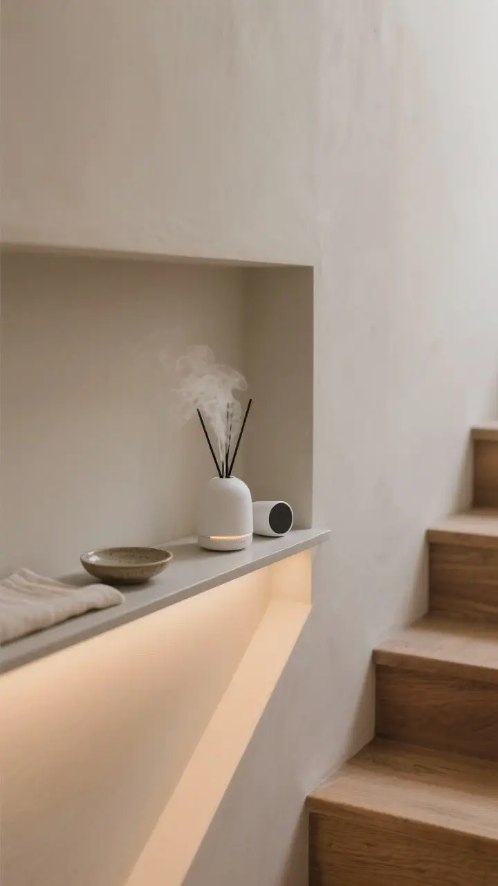 Atmospheric medium shot of a serene scent-and-sound zone on a landing: a minimalist matte-white diffuser emitting subtle vapor on a slim shelf, a small smart speaker discreetly tucked beside a ceramic dish, and a soft narrow runner absorbing echoes. Gentle warm ambient lighting, calm palette (linen, cedar-toned accents), no clutter, spa-like mood.
