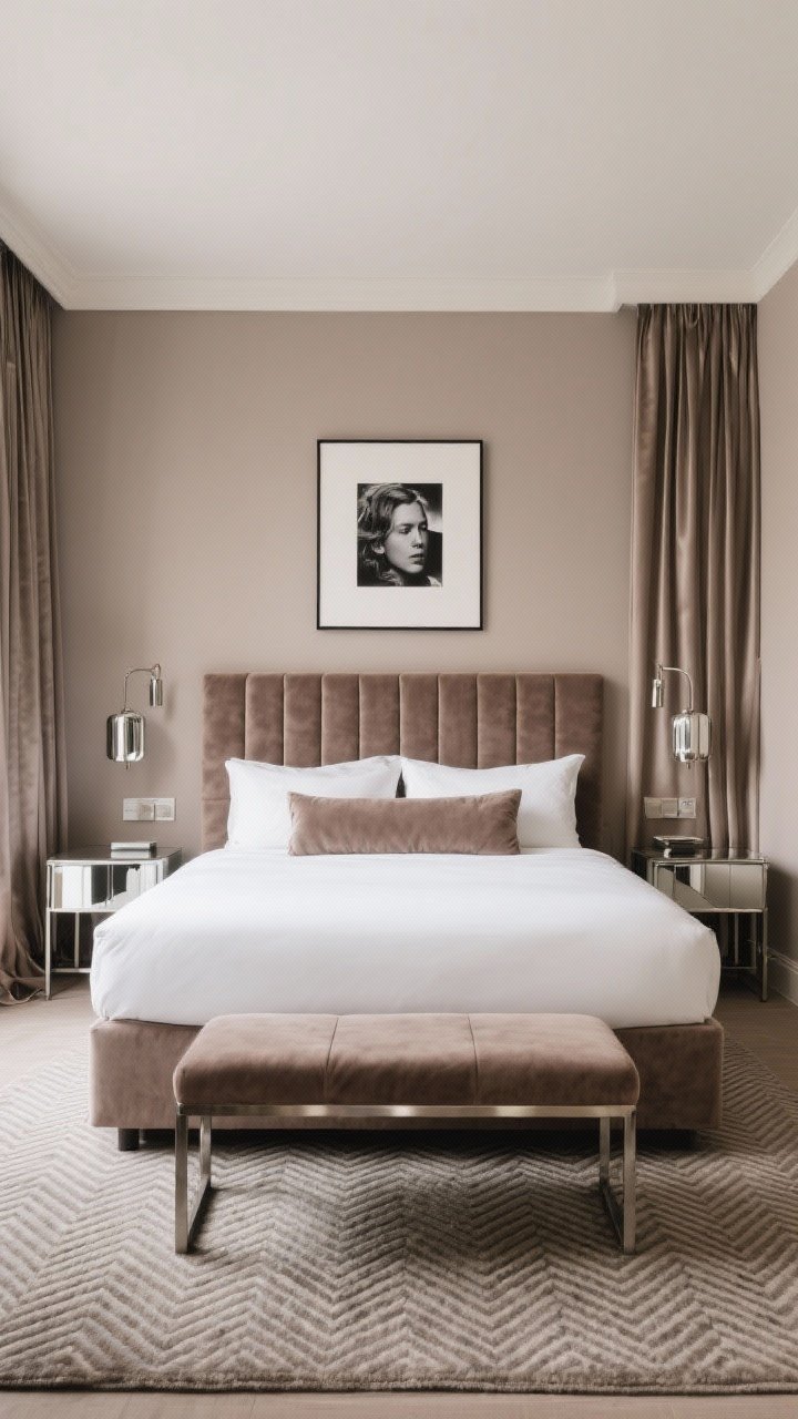 Boutique hotel chic bedroom, straight-on medium shot; mushroom taupe walls; tall channel-tufted headboard in taupe velvet with matching bolsters; crisp white high-thread-count bedding; polished nickel sconces; mirrored nightstands; sleek metal frame bench; herringbone wool rug; silk drapes with blackout lining; single large black-and-white photograph; smooth, luxe ambiance; photorealistic.