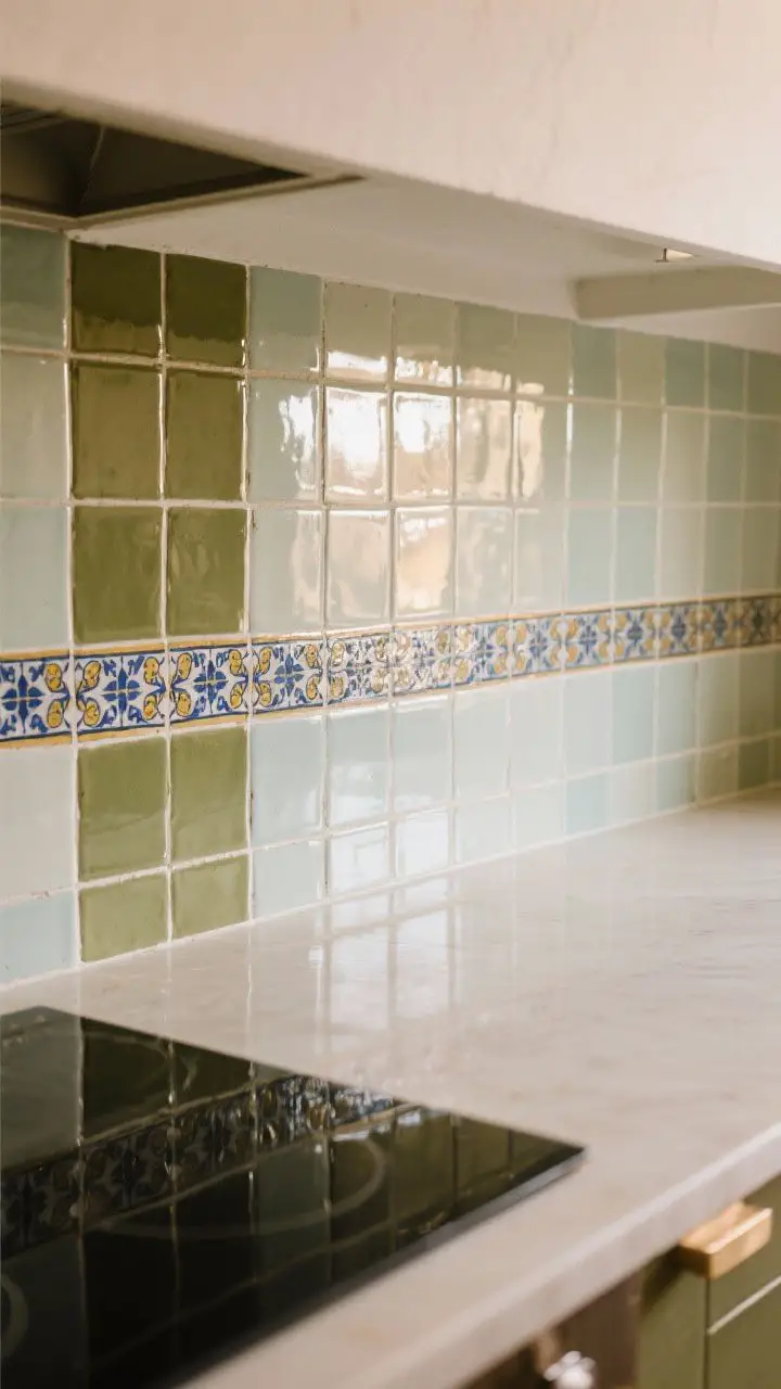 Closeup backsplash detail: mix of glossy zellige field tiles with a narrow strip of Moorish/azulejo hand‑painted pattern running through, limited to a tight 2–3 color palette (olive, chalky blue, warm white); a shallow ledge behind the range with a few glazed tiles bouncing light; warm, reflective highlights, photorealistic.