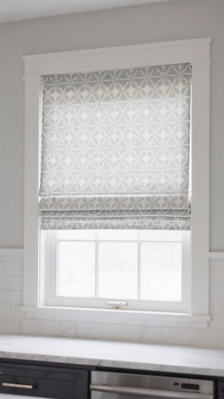 Closeup detail: A custom flat Roman shade in a tailored geometric patterned fabric (soft gray and ivory) inside-mounted on a kitchen window, crisp horizontal folds aligned perfectly; lined for light control; clean, modern trim and no puddling; bright, even daylight.
