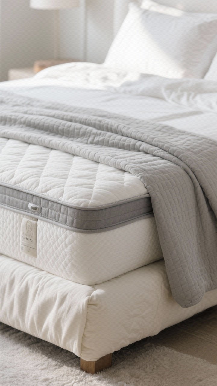 Closeup detail: A neatly layered mattress corner showing split mattress topper for dual comfort, breathable crisp white percale sheets, a lightweight quilt in soft gray draped mid-bed, and a plush duvet in ivory folded at the foot; soft morning light highlighting fabric breathability and texture; cool sleepers/hot sleepers balance implied.