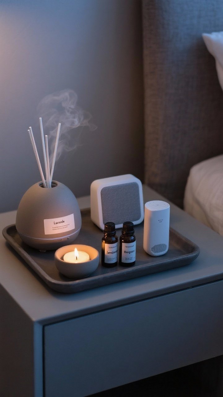 Closeup detail: A serene nightstand tray with a matte ceramic diffuser emitting gentle vapor; labeled essential oils—lavender, sandalwood, bergamot; a small speaker discreetly placed, and a slim white-noise machine; only one lit candle on a tray far from fabrics; dim evening light reinforcing calm.