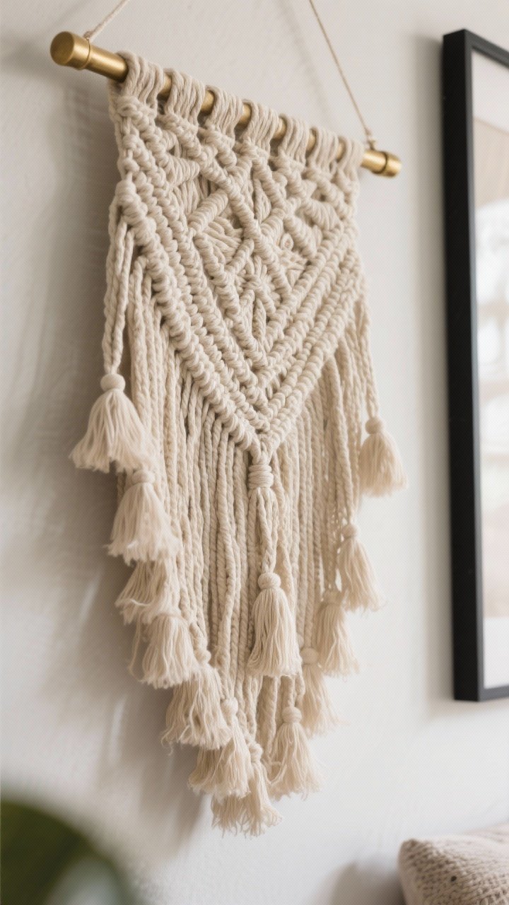 Closeup detail: An oversized woven wall hanging with fringe and tassels suspended from a slim brass rod, rich textile texture captured closely; neutral cream and sand tones with subtle embroidery; balanced by a nearby sleek black frame edge partially in view; soft diffused lighting emphasizes fiber depth and softness.
