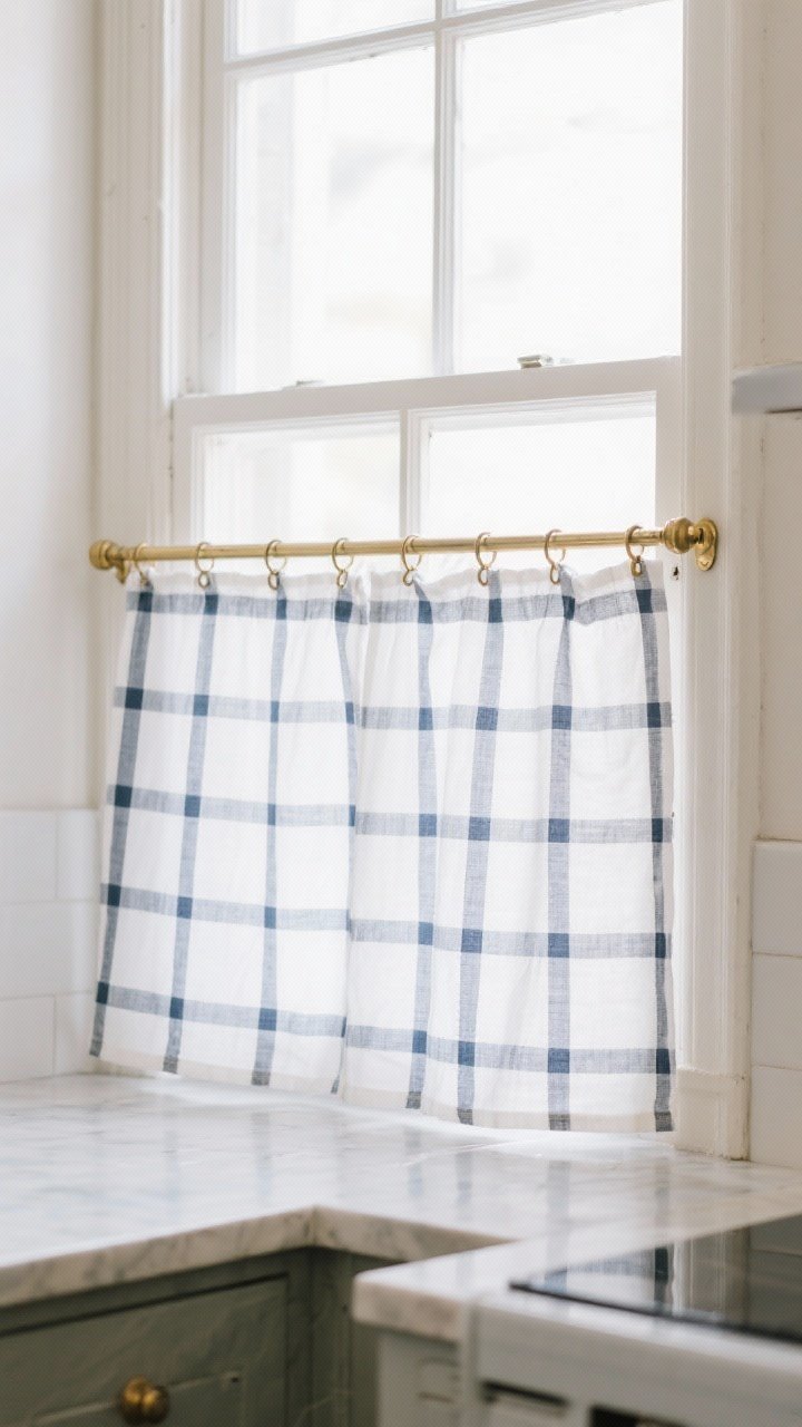 Closeup detail: Café curtains in crisp white cotton with a small gingham print in slate blue, covering the lower half of a kitchen window; mounted on a slim brass café rod with petite rings; bright daylight streaming from the uncovered upper half, giving charming French bistro vibes.