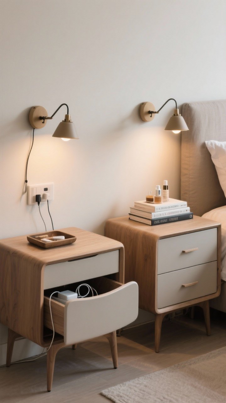 Closeup detail: Coordinated-but-not-cloned nightstands on each side of the bed—both equal height to mattress; one with drawers slightly curved, the other a streamlined drawer unit; visible storage solutions: tucked charging cords, stacked books, skincare tray; wall-mounted swing-arm sconces above each nightstand to free surfaces; warm bedside glow.