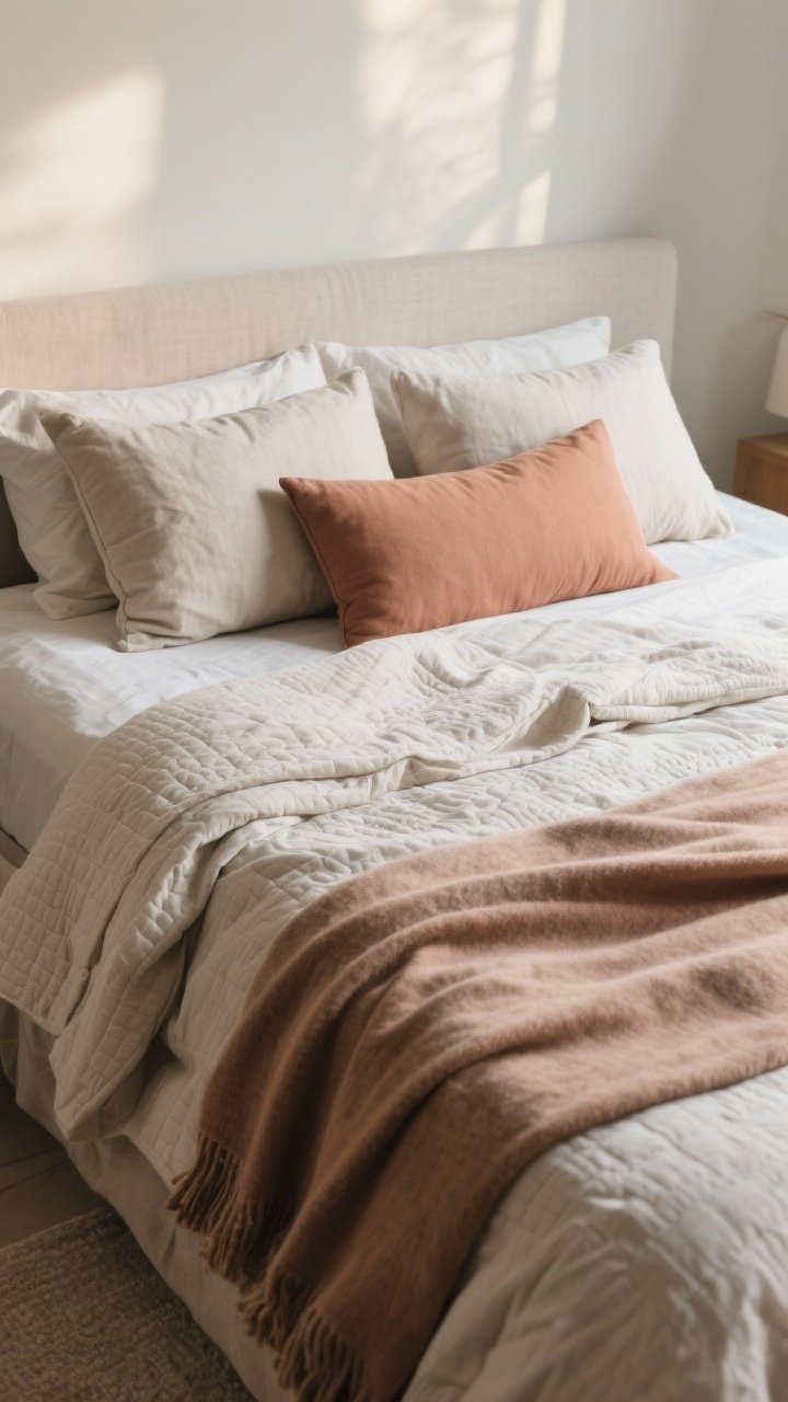 Closeup/detail: Cozy bedding layers—rumpled linen or percale sheets in oat/stone, a light quilt visible beneath a neutral duvet folded halfway down for boutique styling, with an oversized throw at the foot. Pillow arrangement: two euro pillows, two standard pillows, one long lumbar in muted clay. Soft, warm daylight grazing the fabric weave, photorealistic, overhead angle.