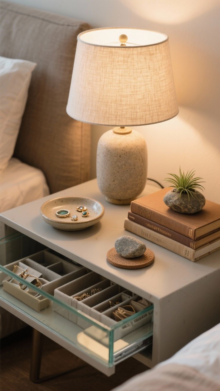Closeup/detail: Curated nightstand with soul—soft-glow lamp with a linen shade, a ceramic catch-all tray holding jewelry, a small stack of real books with earthy covers, and a natural element like a smooth river rock or tiny plant. Stone coaster tucked under a glass. Drawer slightly open showing neat organizers. Warm ambient light, photorealistic, straight-on.